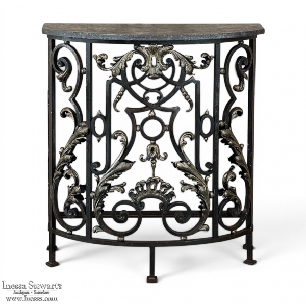 19th Century French Louis XIV Wrought Iron Demilune Console with Black Marble
