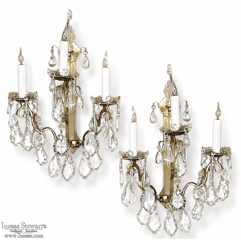 Pair of Vintage Solid Brass and Cut Crystal Wall Sconces