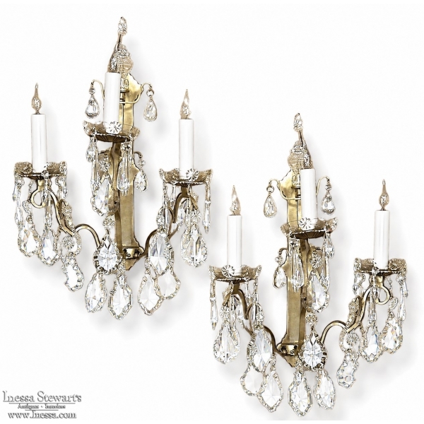 Pair of Vintage Solid Brass and Cut Crystal Wall Sconces