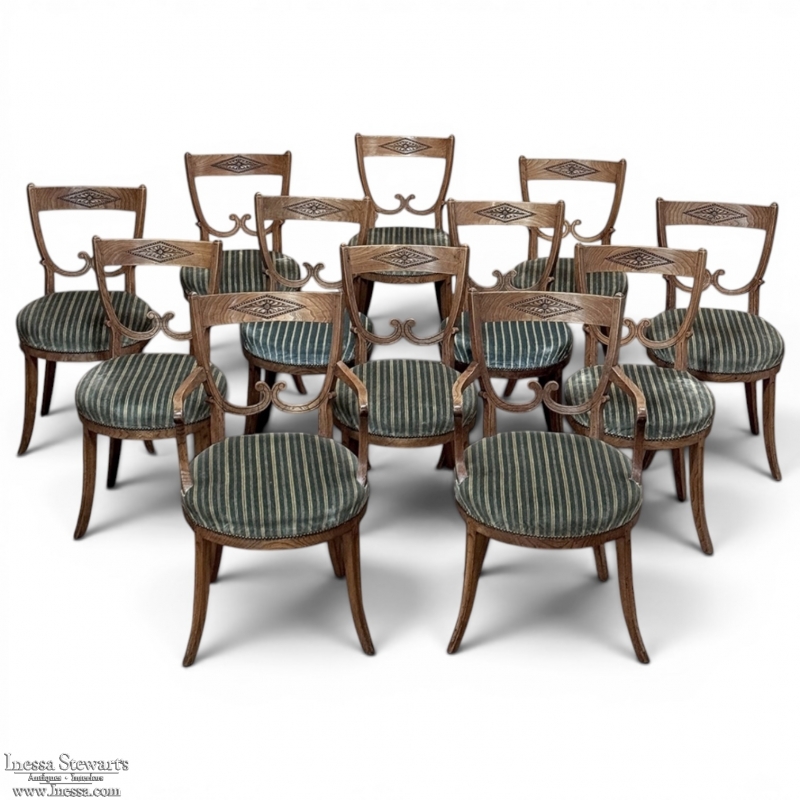 Set of Twelve 18th Century Swedish Gustavian Dining Chairs includes 2 Armchairs