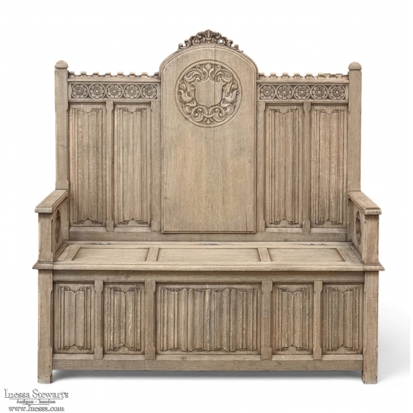 19th Century French Gothic Revival Hall Bench in Stripped Oak