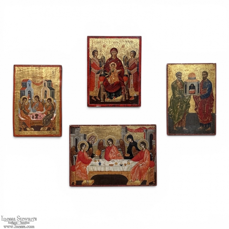 Set of Four 19th Century Russian Devotional Icons Hand Painted on Wooden Panels