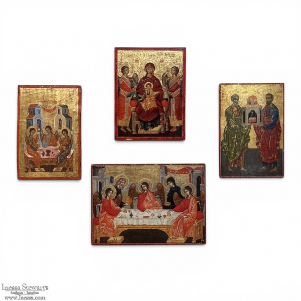 Set of Four 19th Century Russian Devotional Icons Hand Painted on Wooden Panels