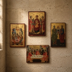 Set of Four 19th Century Russian Devotional Icons Hand Painted on Wooden Panels