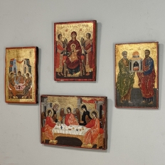 Set of Four 19th Century Russian Devotional Icons Hand Painted on Wooden Panels