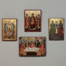 Set of Four 19th Century Russian Devotional Icons Hand Painted on Wooden Panels