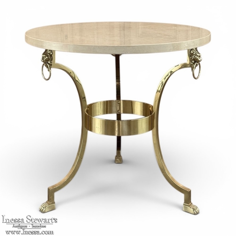 Mid Century Polished Brass Tripod Table with Lion Heads and Stone Top