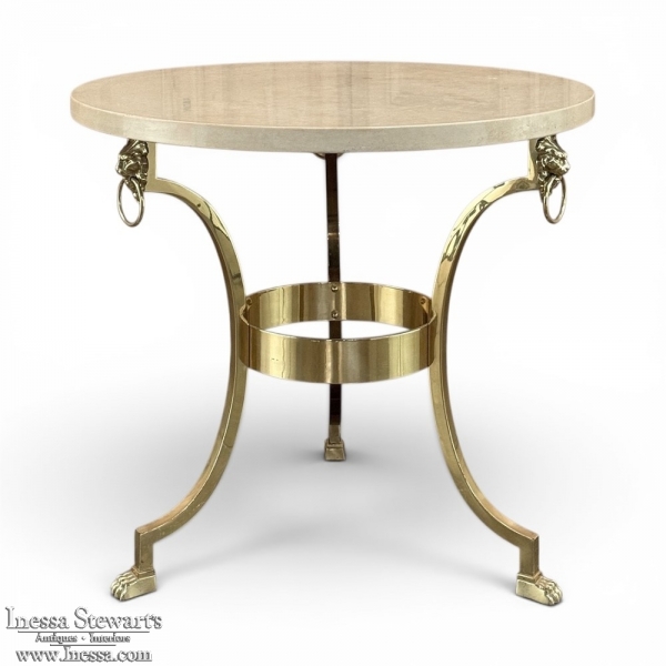 Mid Century Polished Brass Tripod Table with Lion Heads and Stone Top