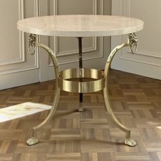Mid Century Polished Brass Tripod Table with Lion Heads and Stone Top