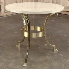 Mid Century Polished Brass Tripod Table with Lion Heads and Stone Top