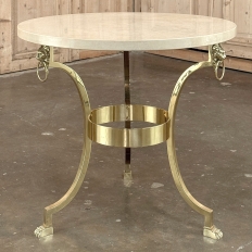 Mid Century Polished Brass Tripod Table with Lion Heads and Stone Top