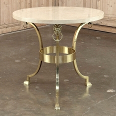 Mid Century Polished Brass Tripod Table with Lion Heads and Stone Top