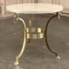 Mid Century Polished Brass Tripod Table with Lion Heads and Stone Top