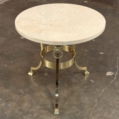 Mid Century Polished Brass Tripod Table with Lion Heads and Stone Top