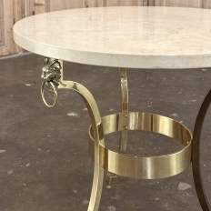 Mid Century Polished Brass Tripod Table with Lion Heads and Stone Top