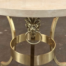 Mid Century Polished Brass Tripod Table with Lion Heads and Stone Top