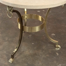 Mid Century Polished Brass Tripod Table with Lion Heads and Stone Top