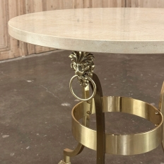 Mid Century Polished Brass Tripod Table with Lion Heads and Stone Top