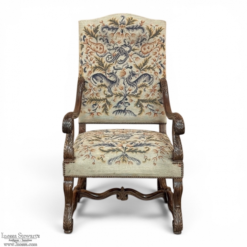 Late 19th Century Louis XIV Walnut Armchair ~ Fauteuil with Antique Tapestry