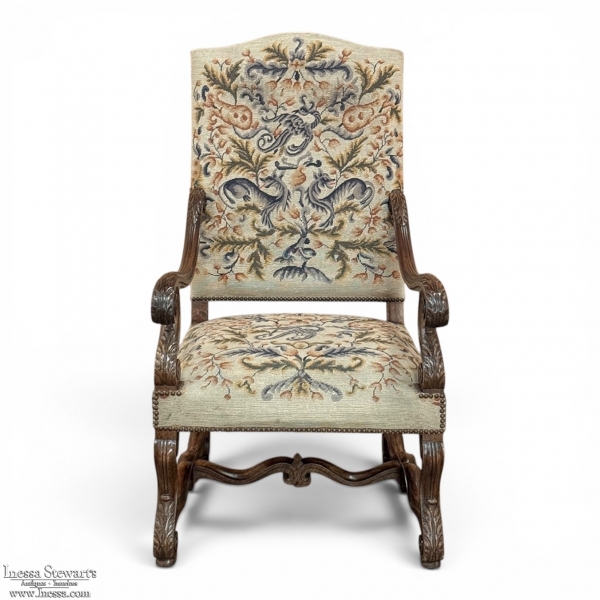 Late 19th Century Louis XIV Walnut Armchair ~ Fauteuil with Antique Tapestry