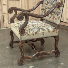 Late 19th Century Louis XIV Walnut Armchair ~ Fauteuil with Antique Tapestry