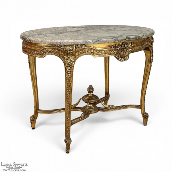 19th Century French Louis XVI Gilded Marble Top Oval Center Table