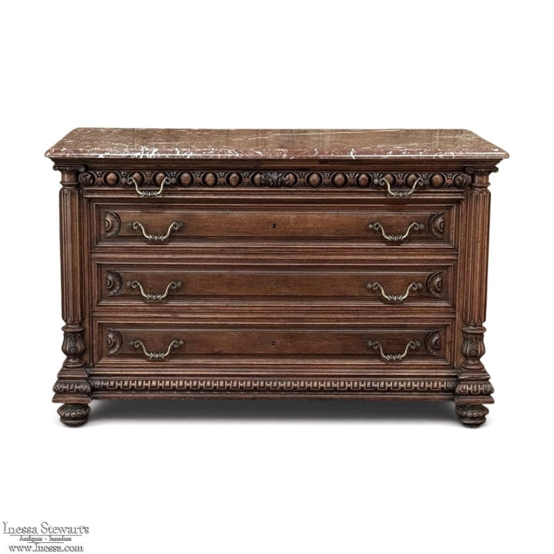 19th Century French Henri II Marble Top Walnut Commode
