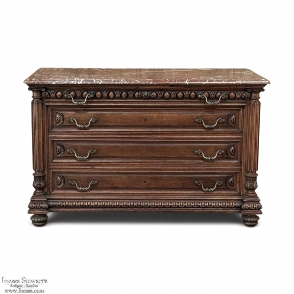 19th Century French Henri II Marble Top Walnut Commode