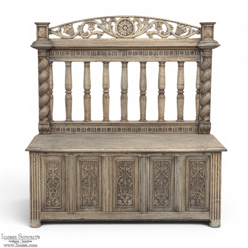 19th Century French Renaissance Barley Twist Stripped Oak Hall Bench Trunk