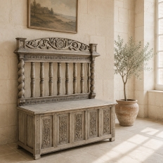 19th Century French Renaissance Barley Twist Stripped Oak Hall Bench Trunk