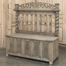 19th Century French Renaissance Barley Twist Stripped Oak Hall Bench Trunk