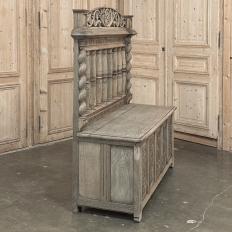 19th Century French Renaissance Barley Twist Stripped Oak Hall Bench Trunk