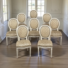 Set of 8 Antique French Louis XVI Painted Dining Chairs with Damascene Upholstery