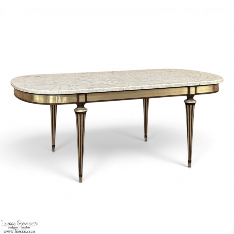 Grand Antique French Louis XVI Mahogany Dining Table with Carrara Marble Top