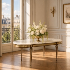 Grand Antique French Louis XVI Mahogany Dining Table with Carrara Marble Top