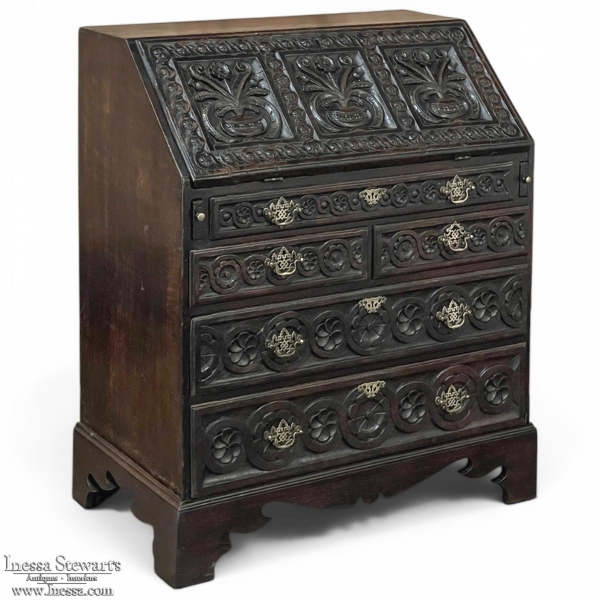 18th Century English Country Secretary in Hand-Carved Oak