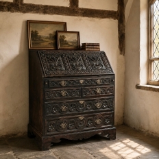 18th Century English Country Secretary in Hand-Carved Oak