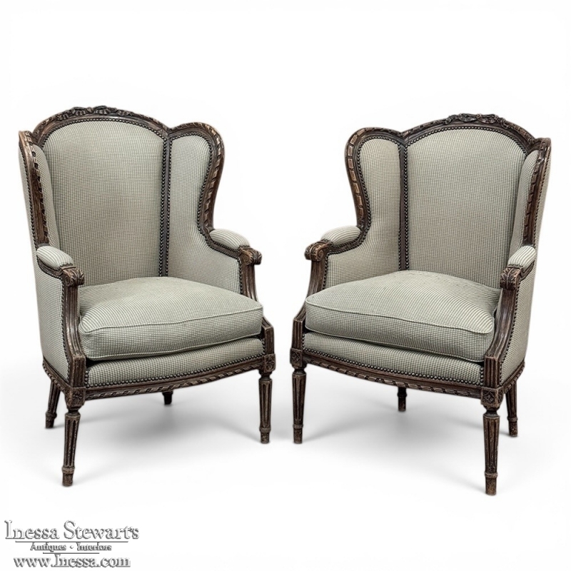 Pair Antique Louis XVI Style French Bergères ~ Armchairs in Walnut