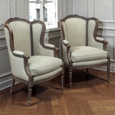 Pair Antique Louis XVI Style French Bergères ~ Armchairs in Walnut