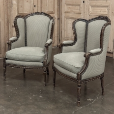 Pair Antique Louis XVI Style French Bergères ~ Armchairs in Walnut