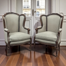 Pair Antique Louis XVI Style French Bergères ~ Armchairs in Walnut