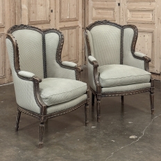 Pair Antique Louis XVI Style French Bergères ~ Armchairs in Walnut