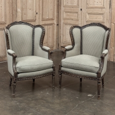 Pair Antique Louis XVI Style French Bergères ~ Armchairs in Walnut