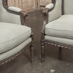 Pair Antique Louis XVI Style French Bergères ~ Armchairs in Walnut