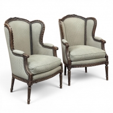 Pair Antique Louis XVI Style French Bergères ~ Armchairs in Walnut