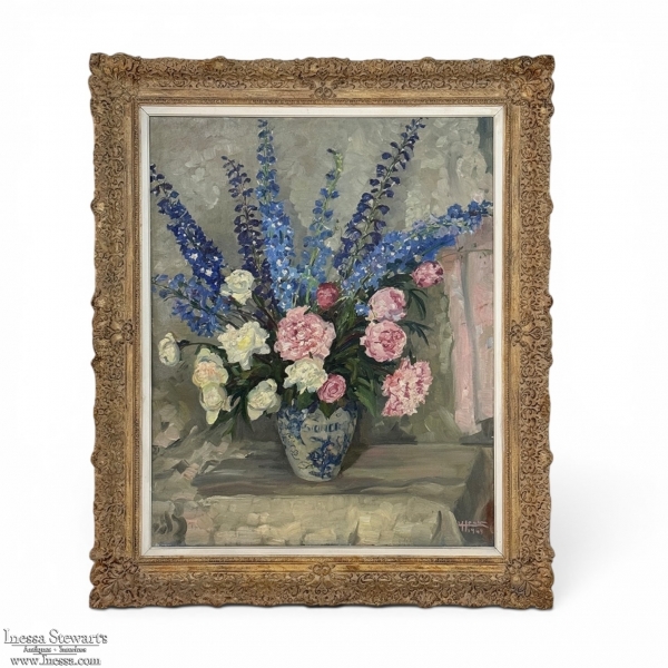 Antique Framed Oil Painting on Canvas by Lucien Hock (1899-1972), Floral Still Life in Delft Pot, Dated 1949
