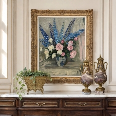 Antique Framed Oil Painting on Canvas by Lucien Hock (1899-1972), Floral Still Life in Delft Pot, Dated 1949