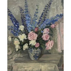 Antique Framed Oil Painting on Canvas by Lucien Hock (1899-1972), Floral Still Life in Delft Pot, Dated 1949