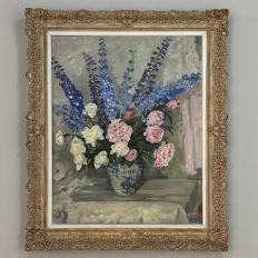 Antique Framed Oil Painting on Canvas by Lucien Hock (1899-1972), Floral Still Life in Delft Pot, Dated 1949