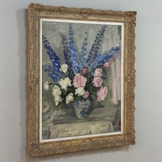 Antique Framed Oil Painting on Canvas by Lucien Hock (1899-1972), Floral Still Life in Delft Pot, Dated 1949